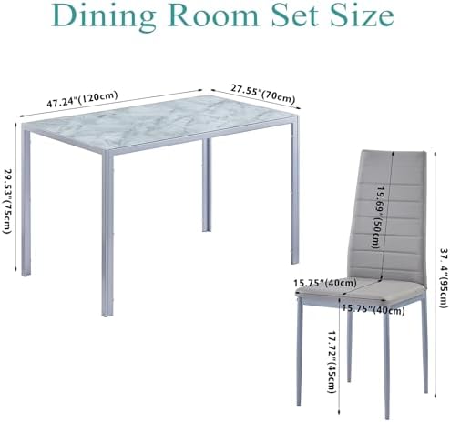 5-Pieces Gray Marble Dining Room Set for 4, Contemporary Kitchen Table and Up...