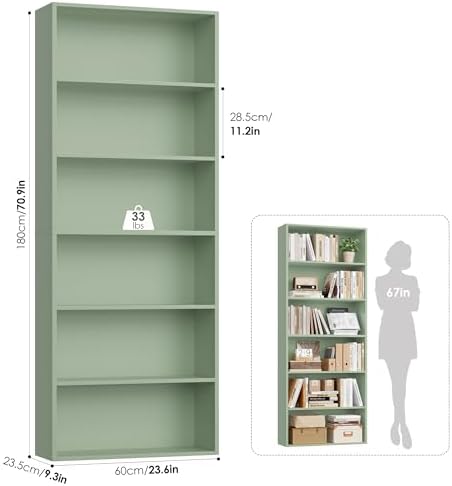 FOTOSOK 6 Tier Tall Bookshelf and Bookcase with Open Display Shelves, Green