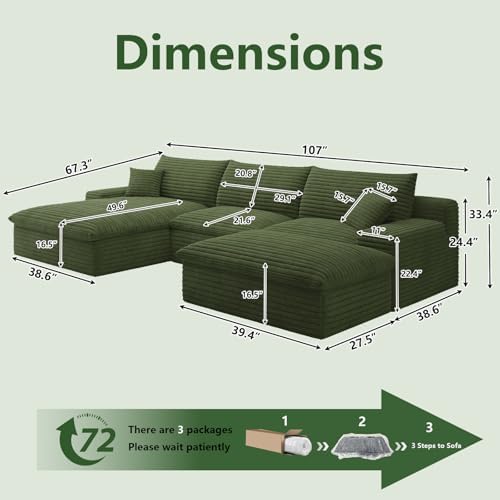 107" Cloud Couch Modular Sectional Sofa for Living Room, U-Shape Couch w...