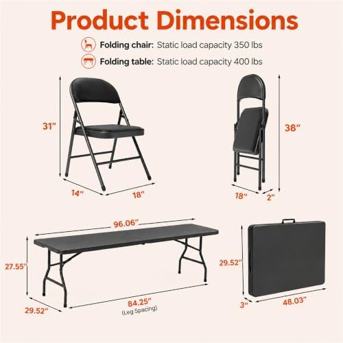 8FT Black Plastic Folding Table Set with 10 Black PU Padded Chairs