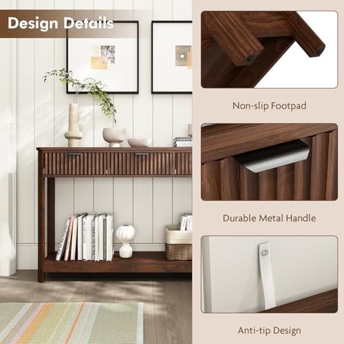 HOKYHOKY Fluted Console Table with Drawers, 47.1" Entryway Table, Walnut...