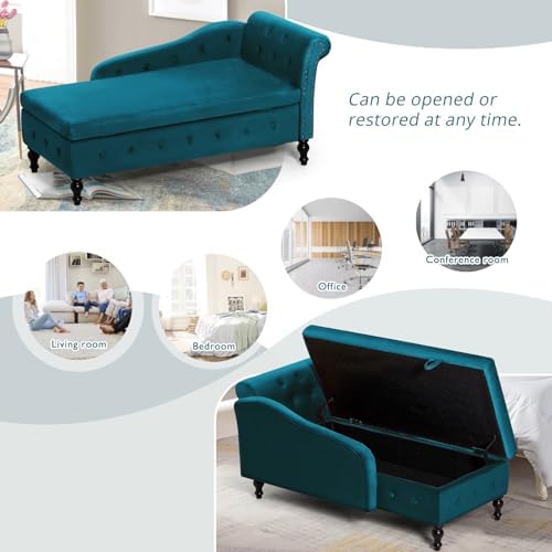 Velvet Chaise Lounge w/Right Armrest & Storage Space, Teal | Button Tufte...