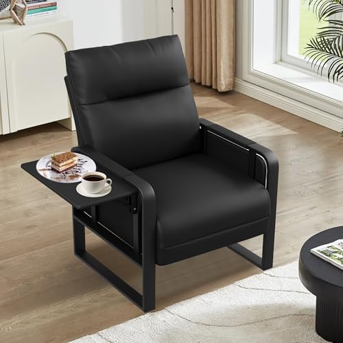 Black Accent Chair PU Leather Upholstered Armchair with Side Table