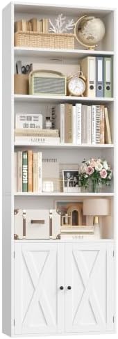 FACBOTALL 82" Tall Bookcase, Farmhouse Bookshelf with Doors, White