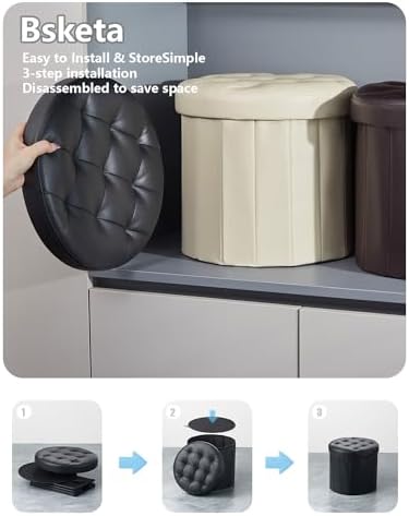 Bsketa Round Storage Ottoman, 14" Folding Leather Foot Rest Stool, Black