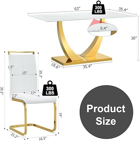 White and Gold Dining Table Set for 4, Faux Marble Dining Room Table Set for ...