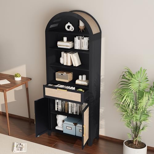 Janmer Home 79" Tall Arched Bookcase Cabinet with Doors, Black,Rattan