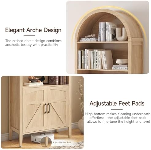 ONBRILL 71" Arched Display Bookshelf, 5-Tier Arched Bookcase W/Door, Oak