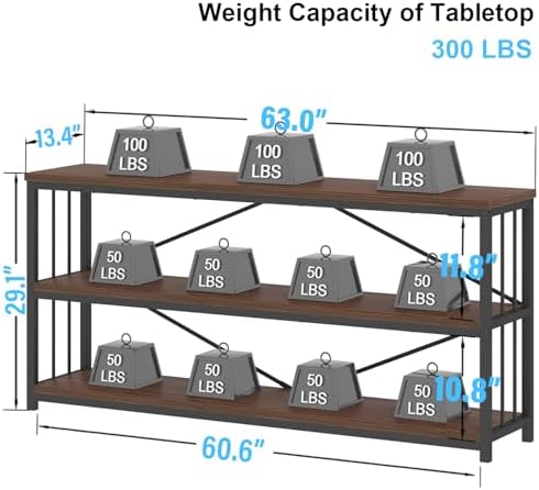 IBF Walnut Low Wide Bookcase, Vintage 63 Inch Long 3 Tier Open Book Shelf