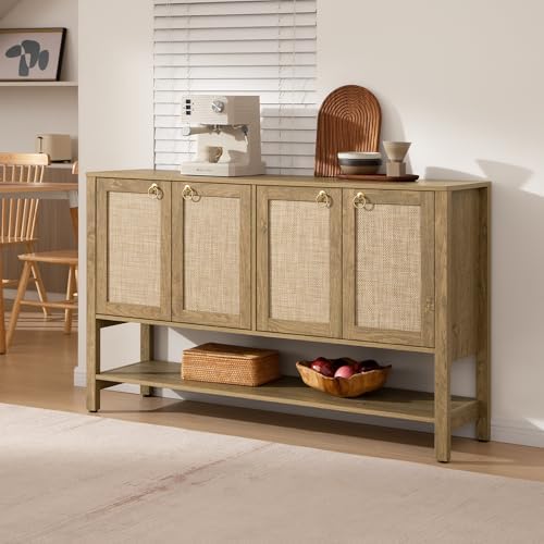 SICOTAS Boho Rattan 110" Long Sideboard Buffet Cabinet with Storage Doors