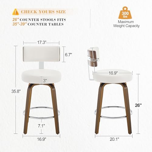 Bekrvio Swivel Counter Height Bar Stools Set of 3, Faux Leather Kitchen Stool...