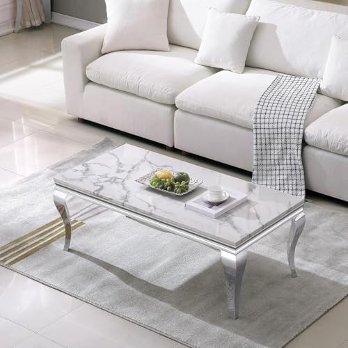 Luxury Modern Faux Marble Coffee Table Set of 3 – White MDF Marble Top with S...