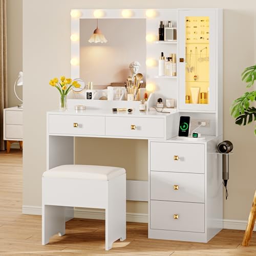 Vanity Desk with Mirror and Lights, Makeup Vanity Table Set with 5 Storage Dr...