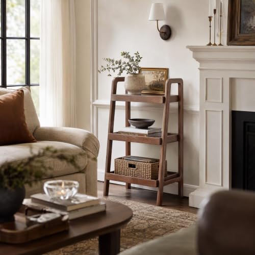 Solid Oak Small Bookshelf, 3 Tier Ladder Shelf Walnut Bookcase