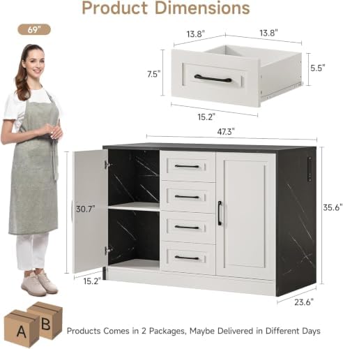 ONBRILL Kitchen Island with 2 Storage Cabinets & 4 Drawers, White+Black