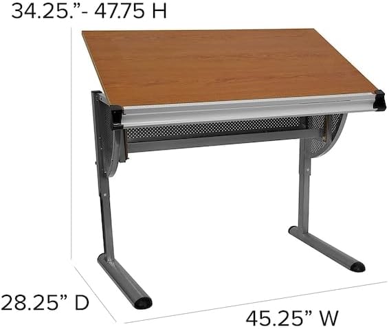 Flash Furniture Berkley Adjustable Drawing and Drafting Table with Pewter Fra...