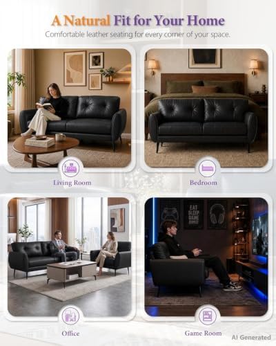 61'' Small Leather Loveseat and Chair, 3 Piece Living Room Sets, Black