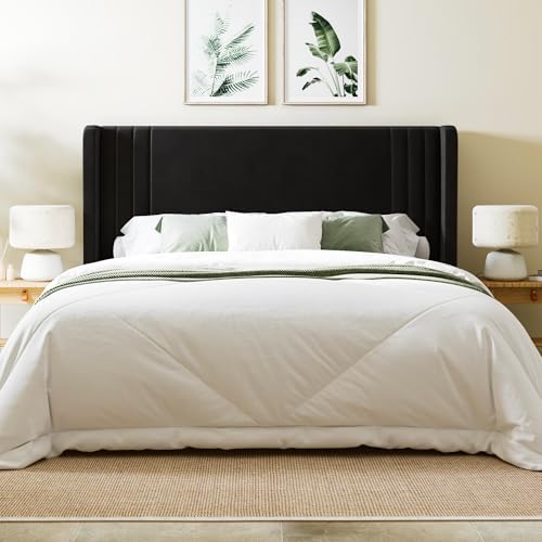 Allewie Queen Size Velvet Platform Bed Frame, Tall Wingback Headboard, Black