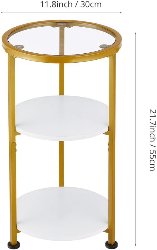 Glass Side Table, Tempered Glass Small Round Side Table with 3-Tier Storage S...