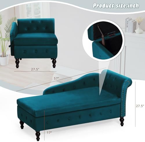 Velvet Chaise Lounge w/Right Armrest & Storage Space, Teal | Button Tufte...