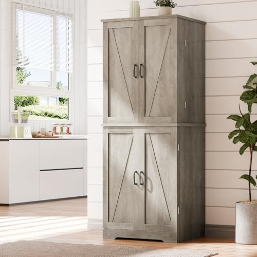 Vongrasig Kitchen Pantry Storage Cabinet with Barn Doors, Drawer and Adjustab...