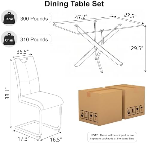 5 Piece Dining Table Set for 4, Modern Tempered Glass Kitchen Table with 4 Up...