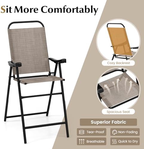 COSTWAY 4 Pieces Patio Folding Bar Chairs with Metal Frame, Footrest, Arms