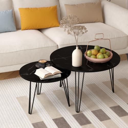 2 Piece Nesting Round Side Tables, Faux Marble Surface Nesting Coffee Table |...