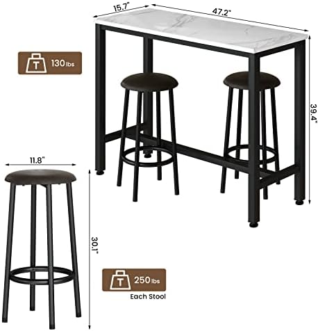 AWQM 47.2" Bar Table Set of 2,Faux Marble Pub Height Table and Chairs Se...