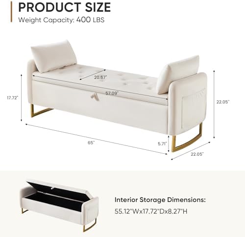 Storage Bench for Bedroom, 65 Inch End of Bed Storage Bench Beige | Velvet St...