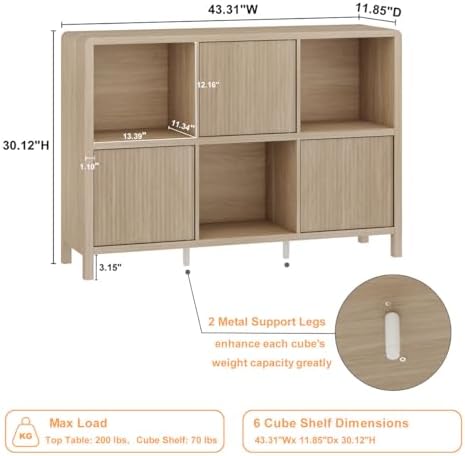 FATORRI 6 Cube Horizontal Bookshelf with 3 Doors, Modern Wood Book Shelf with...