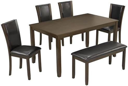 6-Piece Dining Table Set with Bench and Chairs - Solid Wood Kitchen Dining Ro...
