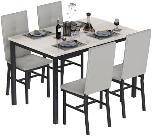 Hooseng Dining Table Set for 4, Faux Marble Small Kitchen Table with 4 PU Lea...
