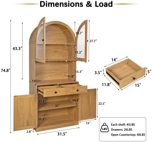 75" Oak Coffee Bar Cabinet Arched Kitchen Pantry Charging Station | Farm...