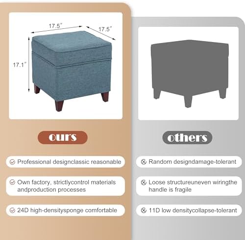 Adeco 17" Square Ottoman with Storage, Small Blue Storage Ottoman Foot R...
