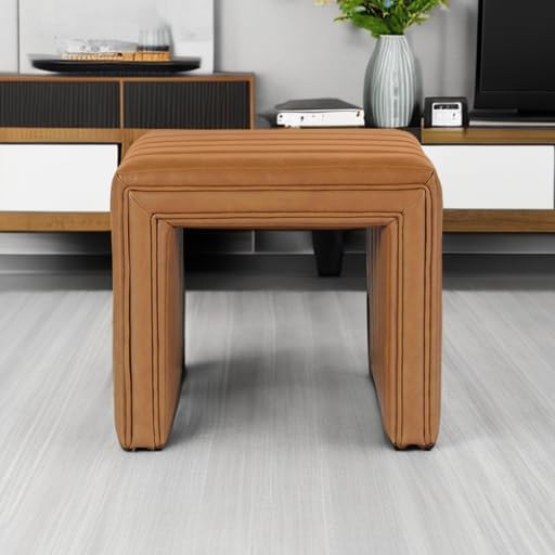 HomePop 19" Modern Channel Tufted Ottoman - Carmel Brown Faux Leather