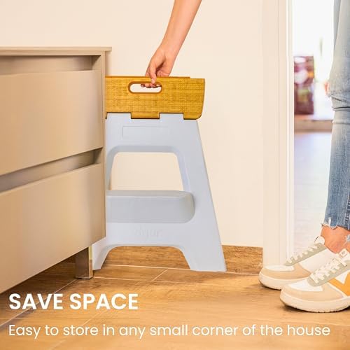Vigar Compact Folding Step Stool, 16 in 2 Step, Gray Bamboo Print