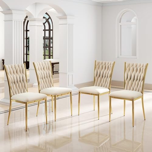 Modern Dining Chairs Set of 4, Beige Velvet Woven Kitchen Chair with Golden M...