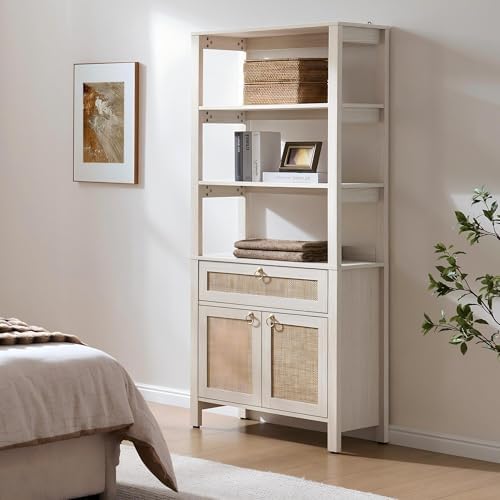 SICOTAS 68.5" Tall Boho White Rattan Storage Bookshelf with Drawer &...