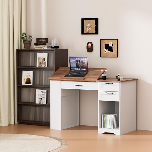 Drafting Table with Storage Cabinet & Drawers, Adjustable Drawing Desk wi...