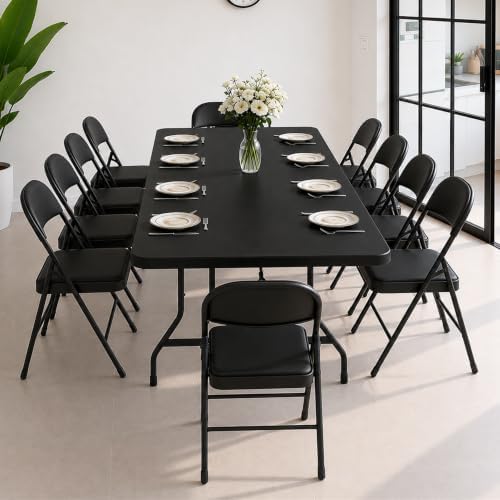 8FT Black Plastic Folding Table Set with 10 Black PU Padded Chairs