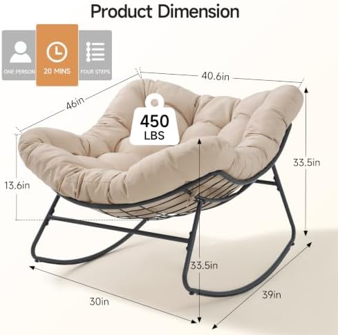 Papasan Rocking Chair, Oversized Outdoor Egg Chair with Thick Cushion | 450 l...