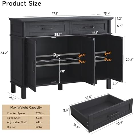 ONBRILL 48 Inch Buffet Cabinet with Storage, Black