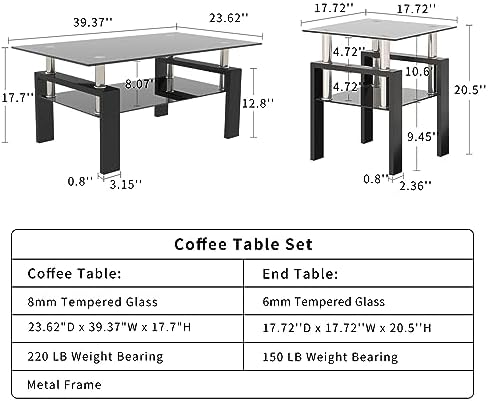 ODUSE-DAILY All Black Glass Coffee Table Set of 3 Piece, Living Room Table Se...