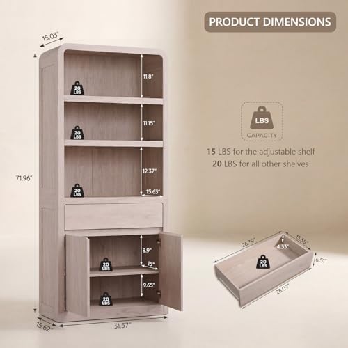 72" Tall Modern Bookshelf with Doors, 5-Tier Large Bookcase w/Drawer, Wo...