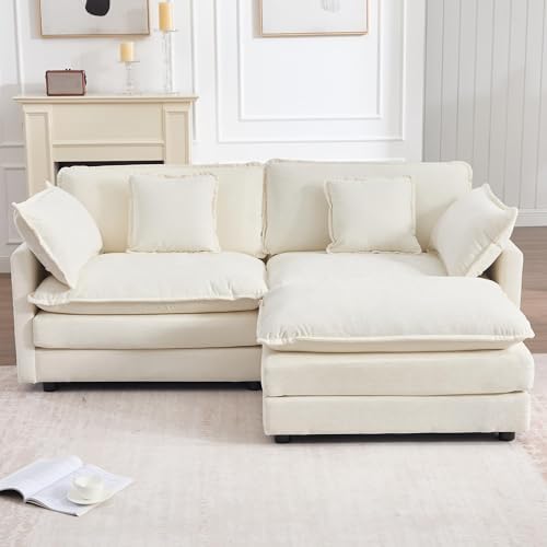 Tmsan 76.7" Beige White Cloud Couch, Small L Shape Sectional Sofa, 2 Sea...