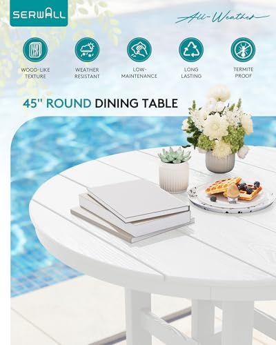 SERWALL 5-Piece Patio Dining Set, 45" Round Table, 4 Chairs, White