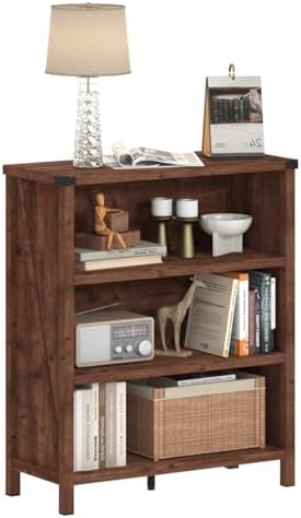 BON AUGURE Rustic Short Bookshelf, 3 Shelf Bookcase, Small Wood Low Book Case...