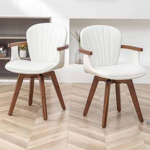 LUNLING Swivel Dining Chairs Set of 4, Mid Century Modern White Faux Leather ...