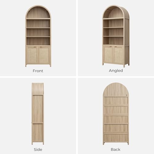 SICOTAS 84.2" Tall Arched Bookcase with Doors - 5 Tier Rattan Bookshelf
